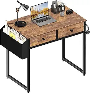 Lufeiya Small Computer Desk with 2 Drawers for Bedroom, 31 Inch Home Office Desk with Storage Fabric Drawer and Bag, Study Writing Table for Small Spaces, Rustic Brown