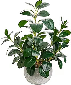 AlphaAcc 17.8 Inch Artificial Ficus Plant Potted Faux Greenery in Gray Round Vertical Striped Cement Planter with Pebbles Realistic Fake Plant for Indoor Modern Home Kitchen Living Room Office Decor