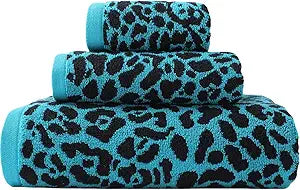 3 Piece Premium Bath Towel Set (Leopard), 1 Bath Towel 1 Hand Towel 1 Washcloth, Quick-Drying, 100% CottonOeko-TEX Certified (Blue)
