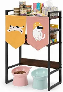 Geelin Cat Feeding Station with Storage, 3-Tier Cat Food Organizer Shelf, Elevated Feeding Area Fits Different Bowl Heights, Space Saving Pet Supply Rack with Decorative Flags(Not Include Bowls)