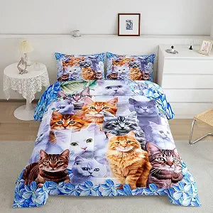 Feelyou Kids Cute Cat Comforter Cartoon Pet Cats Bedding Set for Children Boys Girls Cute Kitten Print Comforter Set Cat Lover's Animal Themed Design Quilt Set Bedroom Collection 2Pcs Twin Size