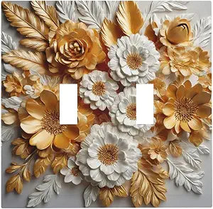 Light Switch Cover Plate 3d White Gold Flowers Plant Leaf Floral 2 Gang Switch Plate Covers Decorative Double Toggle Wall Plates Electrical Faceplate for Bathroom Bedroom Decor