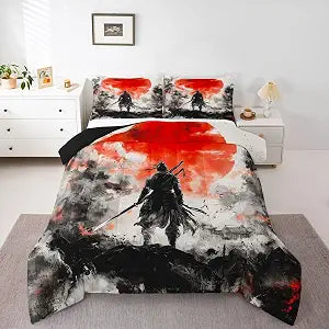 Feelyou Boys Girls Samurai Bedding Set Queen Size, Sunset Duvet Insert Kids Japanese Style Comforter Set Teens Bedroom Decor 3Pcs