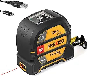 PREXISO 2-in-1 Laser Tape Measure, 135Ft Rechargeable Measurement Tool & 16Ft Measuring Movable Magnetic Hook - Pythagorean, Area, Volume, Ft/Ft+in/in/M Unit NOT Digital, Gift for Dad