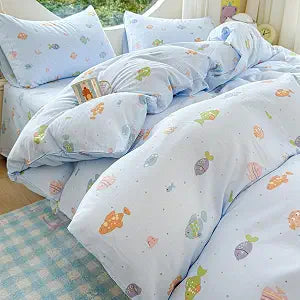 HighBuy Kids Cartoon Muslin Duvet Cover Full Linen Cotton Breathable Cute Fish Pattern Gauze Duvet Cover with 2 Pillowcases for Teen Boys Girls,Soft Breathable Comforter Cover 3 Pieces Kawaii