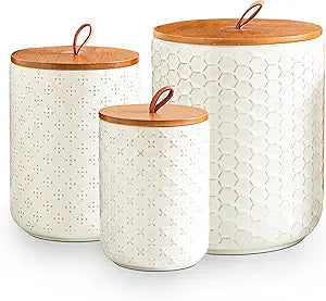 JOJUNO White Ceramic Canister Set with Wooden Lids 3-Piece Airtight Food Storage Jars for Kitchen, Embossed Design, Small/Medium/Large Sizes (30/48/82 oz) Flour, Sugar, Coffee, Tea Containers