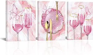 sechars 3 Pieces Set Kitchen Wall Decor Pink Wine Glass Wall Art Gold Utensils Canvas Prints Modern Dining Room Pictures (Pink)