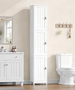 Tall Narrow Bathroom Storage Cabinet, 3-Tier Slim Storage Cabinet with Adjustable Shelves and 3 Doors, Linen Cabinet for Bathrooms, Living Room, Laundry Room, Kitchen, White