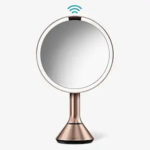 simplehuman Sensor Mirror, Lighted Makeup Mirror with Magnification (5X), 8" Round Magnifying Vanity Mirror with Lights, Cordless, Rose Gold Stainless Steel