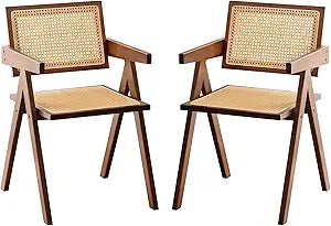Furlide Rattan Accent Chairs, Modern Mid Century Dining Chairs Set of 2, Comfy Armchairs, Outdoor Rattan Chairs with Armrest for Bedroom Living Room Reading Room Dining Kitchen, Brown