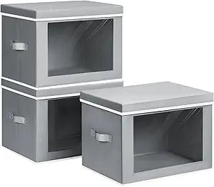Homsorout Large Storage Baskets Bins with Lids - Stackable Cube Bins for Closet, 3 Pack Grey Windows Organizer Bins, Home Organizers and Storage for Clothes, CD, Towels