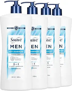 suave+ Men 2 in 1 Anti-Dandruff Shampoo & Conditioner, Classic Clean, 1% Pyrithione Zinc, Clinically Proven Relief for Itchy, Dry Scalp & 72HR Flake Control, 4 Count, 112 FL OZ