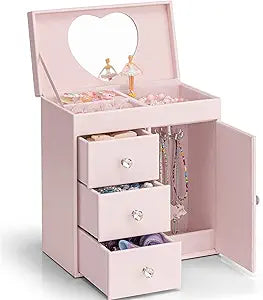 Vlando Musical Jewelry Box for Girls - Valentines Day Gift for Kid - Large Kid Music Box with Ballerina for Birthday Bedroom Decor, 4 Layer Girl Jewelry Gifts for Girls Kids - Light Pink