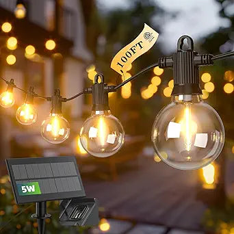 Kawaya 100FT Solar Outdoor String Lights, USB Charging & Solar Powered, IP65 Waterproof Shatterproof Edison Hanging LED Lights for Patio Garden Porch Fence Camping Party