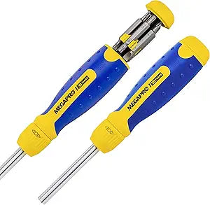 RATCHETING SCREWDRIVER - 13-in-1 Multi Bit Screw Driver w/ " Hex Shaft for Phillips, Star, Flat, Square Bit - Retractable Cartridge - Multi Screwdriver (Yellow)