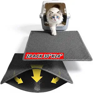Cat Litter Mat, 30"X24" Large Double Layer Litter Trapping Mat, Waterproof/Urineproof, Easy to Clean Kitty Litter Mats for Floor, Scatter Control (Black-2Pack)