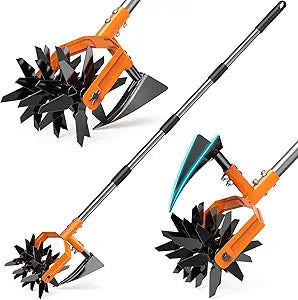 GINMIC Hand Tiller Garden Cultivator, Garden Tiller with Upgrated Triangle Hoe and Adjustable Long Handle, 2-in-1 Weeder & Soil Aerator for Lawn Care, Cultivate, Plant, Reseed, Gardening Hand Tools