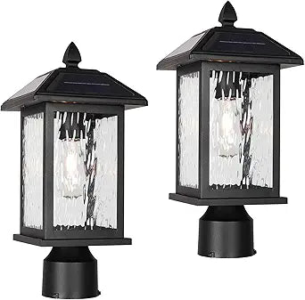 2 Pack Solar Outdoor Post Lights FixtureDusk to Dawn Modern Exterior Pillar Lantern with Black Finish & Water Ripple GlassWaterproof Outside Pole Lights for Garden, Backyard, Courtyard