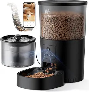 IMIPAW Automatic Cat Feeder with Camera and Water Fountain, HD AI Pet Recognition, APP Remote Control, Timed Food Dispenser, Two-Way Audio, Night Vision Function, 3L Fountains for Drinking with Filter