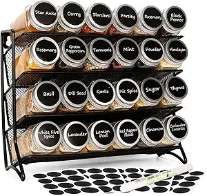 DIDITIME Spice Rack Organizer 24 Glass Jars, 60 Labels & Marker, Space-Saving Kitchen Countertop, Cabinet & Wall Rack