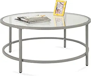 Best Choice Products 36in Modern Round Tempered Glass Accent Side Coffee Table for Living Room, Dining Room, Tea, Home Dcor w/Metal Frame, Non-Marring Foot Caps - Gray