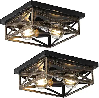 2Pack Rustic Flush Mount Ceiling Light Fixture, Modern Farmhouse Light Fixture, Kitchen Hallway Light Fixtures for Bedroom,Dining Room Entryway,Industrial Metal Cage Ceiling Light