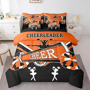 Cheerleading Bedding Comforter Sets 7 Pieces Cute Cheerleader Bed in a Bag, Black and Orange Twin Bedding Sets Dancer Princess Comforter Set, Cheerleading Dance Bedding Sets Girls Room Decorative