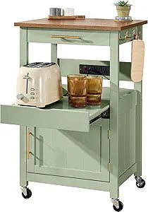 Best Choice Products Rolling Kitchen Island Cart, Single Door Cabinet W/Drawer, Sliding Tray, Outlet, Swivel Lockable Wheels, Hooks, Coffee Cart, Microwave Stand, for Dining Room - Pistachio Green
