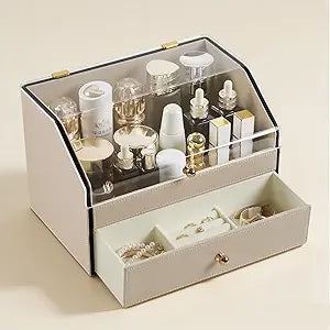 Leather Makeup Organizer & Skincare Storage Rack - Cosmetic Display Case with Dustproof Transparent Cover, Drawer Jewelry Storage, for Bedroom Vanity, Perfume & Lipstick Organizer (Beige)