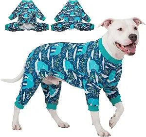LovinPet Large Dog Clothes, Pet Anxiety Relief, UV Protection, Large Breed Dog Pajamas, Lightweight Stretchy Knit Fabric Onesie, Blue Elephant Print Weimaraner Jammies, Pet PJ's/Medium