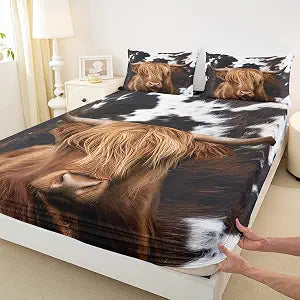 Homewish Highland Cattle Fitted Sheet Twin,Cow Fur Bedding Set 2pcs for Kids Teens Adult Room Decor,Farmhouse Animals Cowhide Bed Cover Black White Brown Rustic Bed Sheet Set with 1 Pillowcase