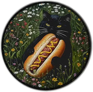 Funny Hotdog Black Cat Mouse Pad with Stitched Edge Non-Slip, Black Cat Gifts, Vintage Whimsical Kitten Wildflower Mouse Mat for Computer Laptop Home Office Desk Accessories 8.6x8.6 in