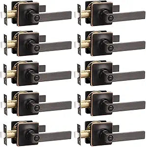 GOBEKOR 10 Pack Privacy Door Levers Bedroom Door Handle with Lock Oil Rubbed Bronze Square Door Handles Keyless Door Lock Straight Bed/Bath Lever