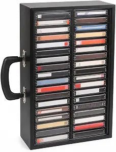 Cassette Tape Storage Box with Acrylic Sliding Dust Cover 36-Slot Organizer with Dividers & Side Handle, Handmade Wooden Tape Holder for Home Studio & Display
