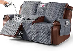 KinCam 100% Waterproof Recliner Loveseat Cover with Console, Non-Slip Reclining Couch Covers for 2 Seat, Recliner Sofa Cover Furniture Protector with Elastic Straps for Kids, Pets, Dark Gray