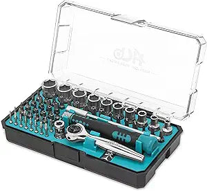 HB 62-Piece Socket and Precision Bit Set AKM026-U 90-Tooth 1/4-In Drive Swivel Head 270 Mini Ratchet Quick Release Reversible Security Bits Chrome Vanadium Steel S2 Steel Portable Case Made in Taiwan