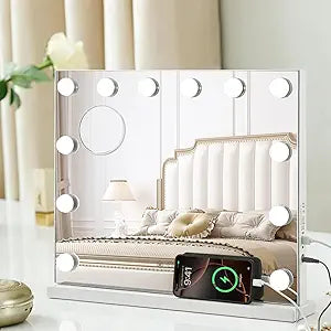 Vanity Mirror with Lights, 19.7"x16.5" Hollywood Mirror with 12 Dimmable LED Bulbs, 3 Color Lighting Modes & 10X Magnification Desk Wall-Mounted Makeup Vanity Mirror