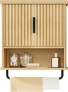 VASAGLE MAXE Collection - Bathroom Cabinet Wall Mounted, Over Toilet Hanging Cabinet with Adjustable Shelf, Towel Bar, Fluted Doors, 7.9 x 17.7 x 24 Inches, Transitional, Oak Beige UBBK137Y01S