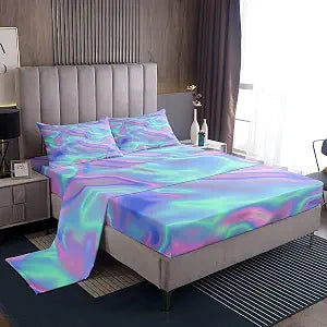 Tie Dye Bed Sheets Full, Colorful Print Sheet Set, Psychedelic Luxury Soft Lightweight Bedding Set, Green Purple Home Decor Fitted Sheet with Deep Pocket, 1 Flat Sheet, 1 Fitted Sheet, 2 Pillowcases