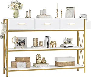 HITHOS 47.2" Console Table with 3 Drawers, Narrow Long Entryway Table with 3-Tier Storage Shelves, Industrial Sofa Foyer Table for Living Room, Hallway, Entry Way, Foyer, Kitchen, White/Gold