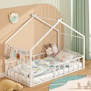 Timy House Shape Twin Size Montessori House Bed Metal Floor Bed with Pegboard and High Rails 1 Safe Opening Gate