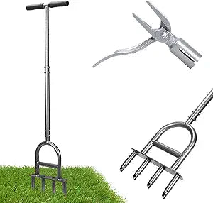 2-in-1 Lawn Aerator Tool, Foot-Operated Weed Puller & Core Aerator 4 Hollow Tines with Adjustable Height, Heavy-Duty Anti-Rust Carbon Steel for Compacted Soil Aeration, Garden Lawn Care