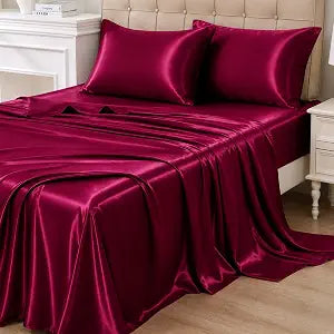 Mooreeke Queen Size Satin Bed Sheet Set, 4 Pieces, Burgundy Red