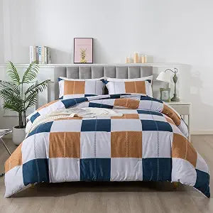 Caressma Navy Blue Plaid Checkered Comforter Set, Fluffy Geometric Grid Gray and Brown Buffalo Twin Size Comforter with Matching Pillow Shams for All Seasons