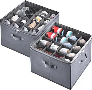 INSTY 2 Pack Shoe Organizer for Closet,Fits up to 32 Pairs,Adjustable Dividers for Shoe Storage,Fabric Shoe Storage Bins with Clear Cover,Grey
