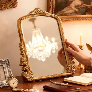 Vintage Desk Mirror 12" Gold Antique Tabletop Mirror with Resin Frame