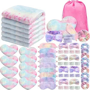 Fanfanwin 63 Pcs Spa Sleepover Party Supply 9 Fleece Blankets 9 Fluffy Heart Throw Pillows 9 Satin Eye Masks 9 Spa Headband 9 Wristband 9 Plush Scrunchies 9 Gift Bags for Slumber Party(Tie Dye)