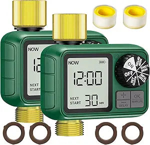 Water Timer for Outdoor Garden Hose, Sprinkler Timer for Garden Faucet with Auto/Manual/Rain Delay Mode, Sprinkler Irrigation Controller for Yard Lawn (1 Zone Brass Inlet & Outlet-2 Pack)