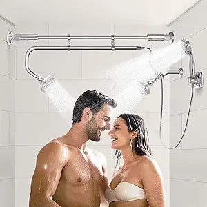 OURBAOFU Tandem Shower, Dual Shower Heads for Couples & Handheld head, Triple Shower Head System for Two People, High Pressure and Adjustable Double Shower Heads and Handheld Shower HeadSilver)