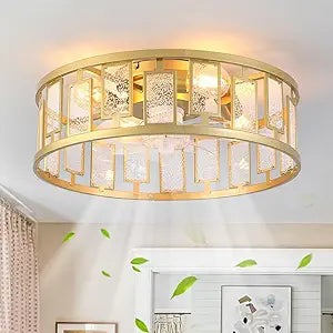 Garwarm 20IN Caged Ceiling Fan with Light,Flush Mount Ceiling Fans with Lights and Remote,Bladeless Fandelier Low Profile Ceiling Fan Light Fixture for Bedroom,Kitchen,Dining Room, Gold